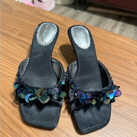 Circus by Sam Edelman Shoes - Circus by Sam Edelman Black Slide Mules with Iridescent Sequin Discs